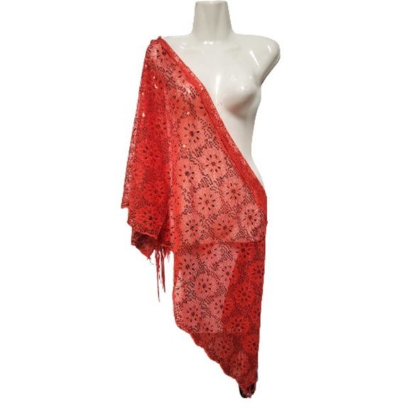 Red Sequin Evening Wedding Formal Scarf with Tassels - NEW - Picture 1 of 7